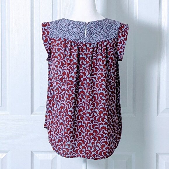 ANN TAYLOR LOFT Women's Short Cap Sleeve Top Blouse Size S Red Blue Print - Picture 2 of 7